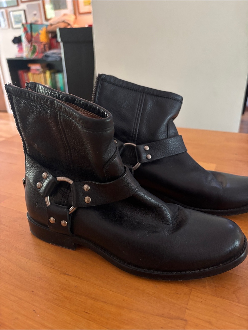 Frye Black Leather Ankle Booties with Buckle Detail